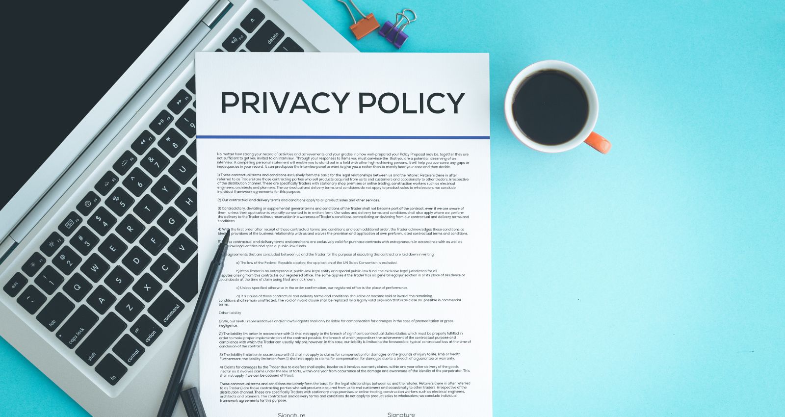 Image for blog post shows a computer and a printed privacy policy. Blog post: Can I Copy A Privacy Policy From Another Website