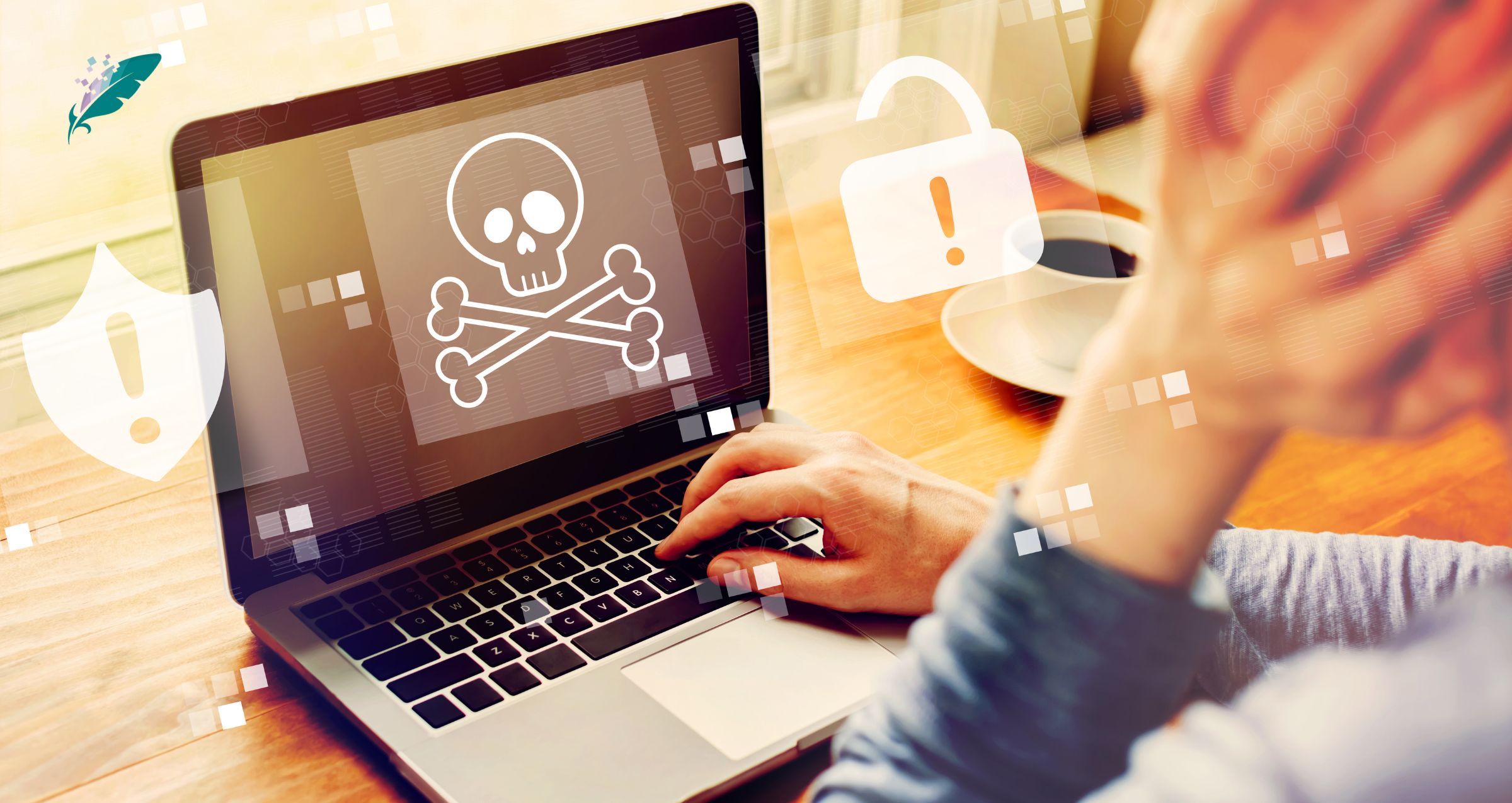laptop with an image of a skull and crossbones on the screen