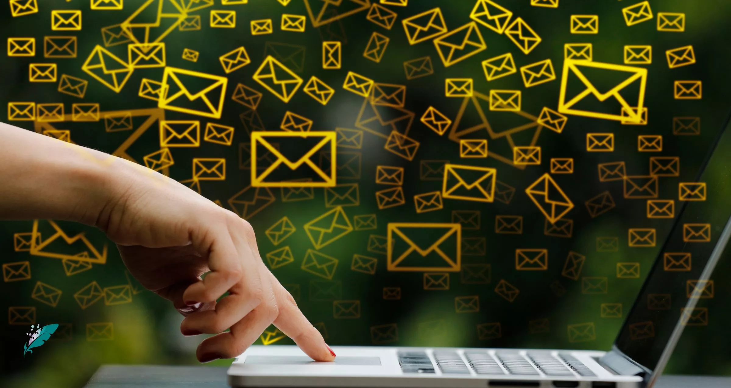 Someone's hand is shown pushing a button on a laptop Digitised email envelop icons are coming from the screen.